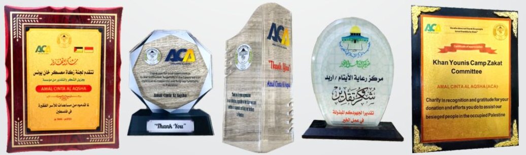 Plakat penghargaan dan apresiasi untuk ACA Indonesia (Amal Cinta Al Aqsha) dari lembaga-lembaga di Palestina, termasuk Khan Younis Camp Zakat Committee